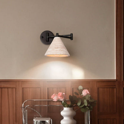 Contemporary Retro Yellow Travertine Walnut Wood Iron Cylinder & Truncated Cone 1-Light Wall Sconce Lamp For Bedroom