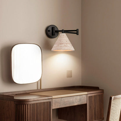 Contemporary Retro Yellow Travertine Walnut Wood Iron Cylinder & Truncated Cone 1-Light Wall Sconce Lamp For Bedroom