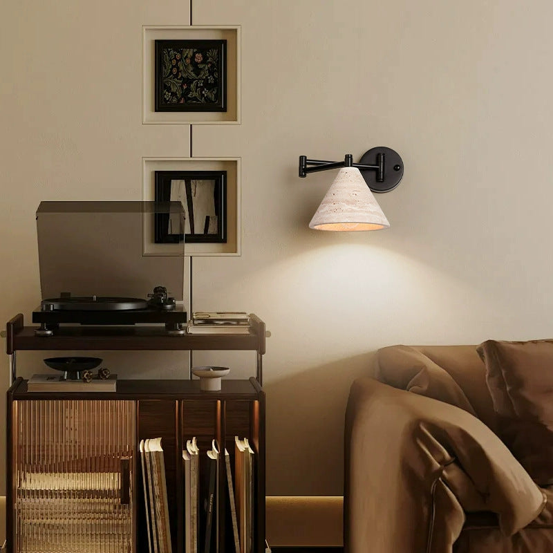 Contemporary Retro Yellow Travertine Walnut Wood Iron Cylinder & Truncated Cone 1-Light Wall Sconce Lamp For Bedroom