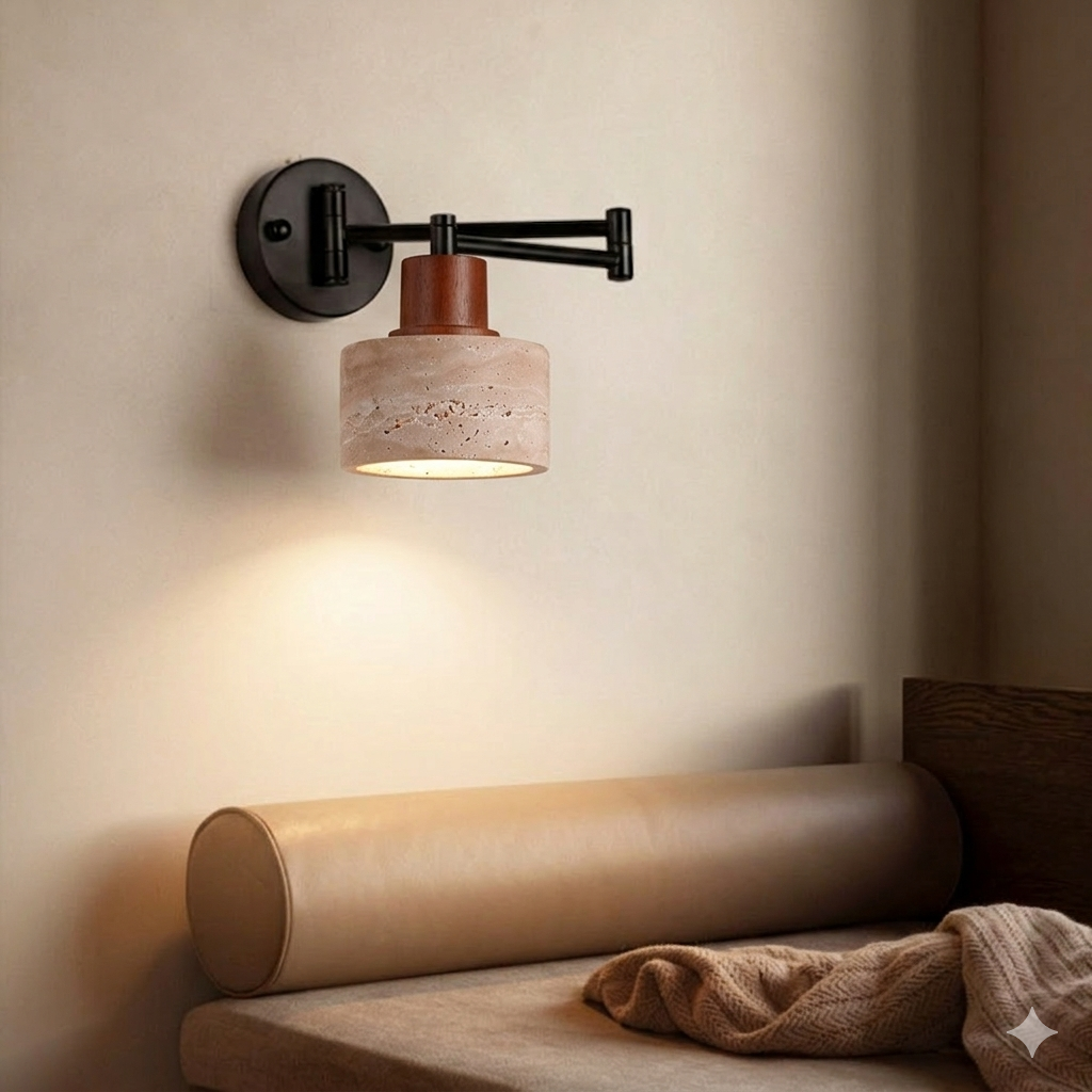 Contemporary Retro Yellow Travertine Walnut Wood Iron Cylinder & Truncated Cone 1-Light Wall Sconce Lamp For Bedroom
