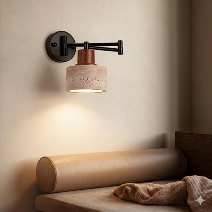 Contemporary Retro Yellow Travertine Walnut Wood Iron Cylinder & Truncated Cone 1-Light Wall Sconce Lamp For Bedroom