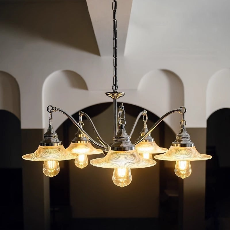 Contemporary Industrial Iron Glass Saucer-Shaped 3/5-Light Chandelier For Living Room
