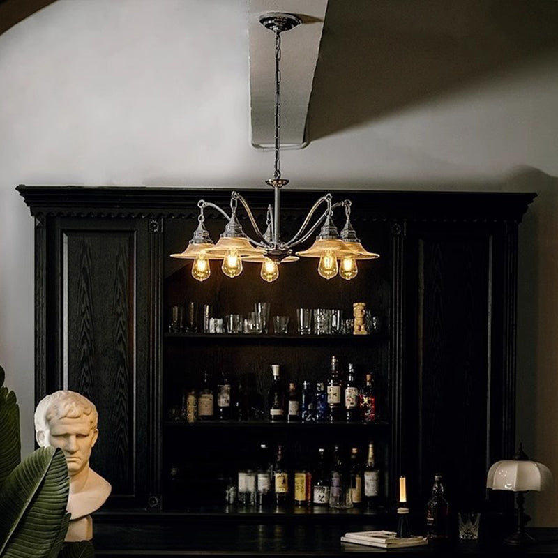 Contemporary Industrial Iron Glass Saucer-Shaped 3/5-Light Chandelier For Living Room