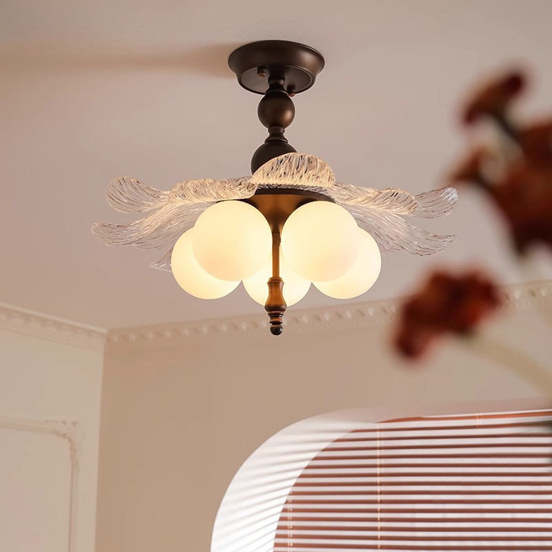 Contemporary Retro Iron Acrylic Glass Bud-Shaped 5-Light Semi-Flush Mount Ceiling Light For Living Room