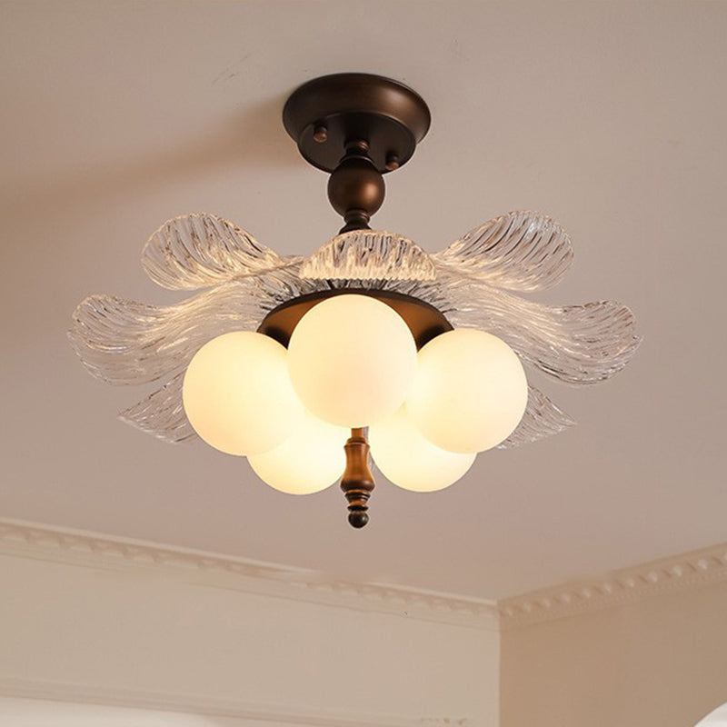 Contemporary Retro Iron Acrylic Glass Bud-Shaped 5-Light Semi-Flush Mount Ceiling Light For Living Room