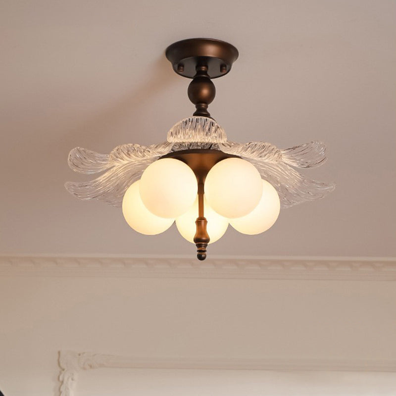 Contemporary Retro Iron Acrylic Glass Bud-Shaped 5-Light Semi-Flush Mount Ceiling Light For Living Room