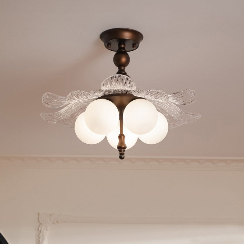 Contemporary Retro Iron Acrylic Glass Bud-Shaped 5-Light Semi-Flush Mount Ceiling Light For Living Room