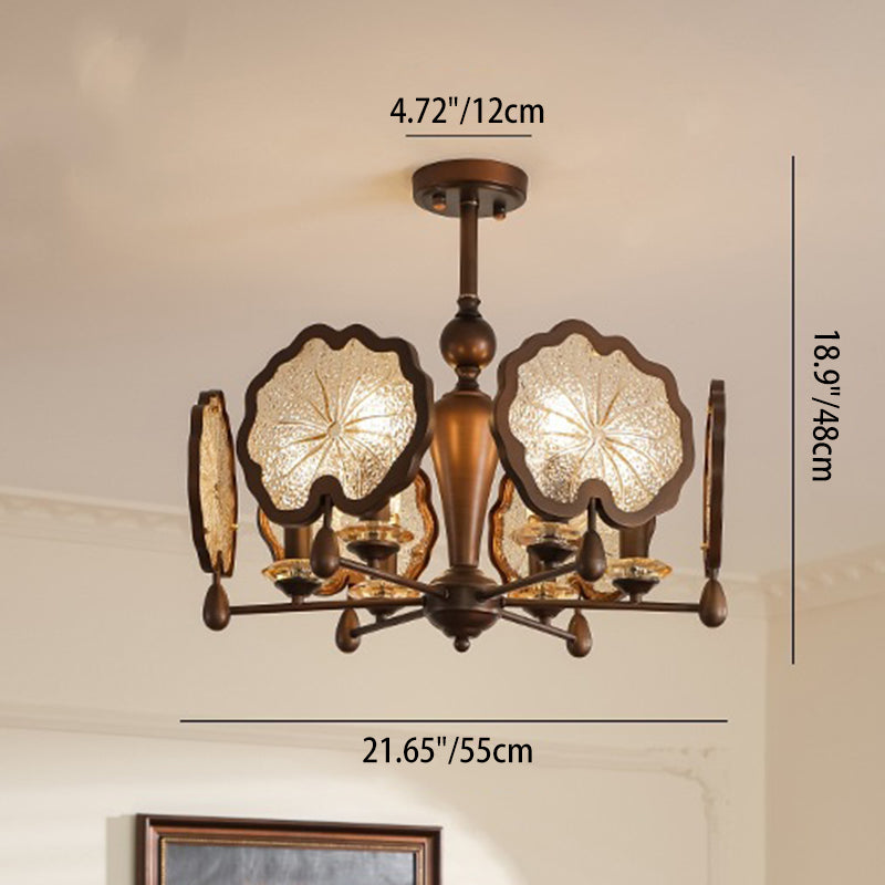 Traditional Rustic Iron Crystal Glass Lotus Leaf-Shaped 6/8-Light Chandelier For Living Room