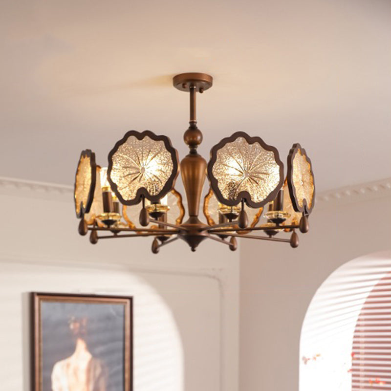 Traditional Rustic Iron Crystal Glass Lotus Leaf-Shaped 6/8-Light Chandelier For Living Room