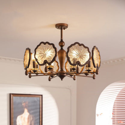 Traditional Rustic Iron Crystal Glass Lotus Leaf-Shaped 6/8-Light Chandelier For Living Room