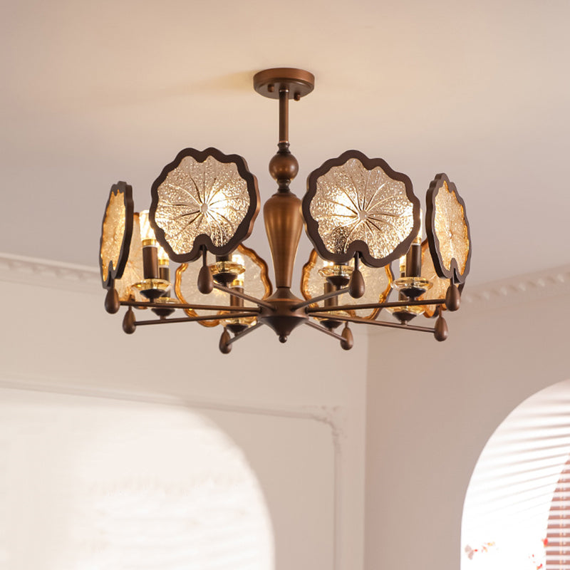 Traditional Rustic Iron Crystal Glass Lotus Leaf-Shaped 6/8-Light Chandelier For Living Room