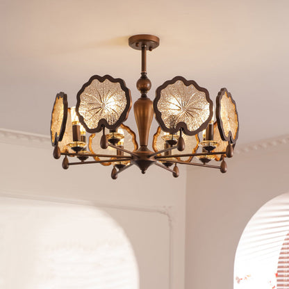 Traditional Rustic Iron Crystal Glass Lotus Leaf-Shaped 6/8-Light Chandelier For Living Room