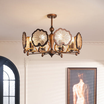 Traditional Rustic Iron Crystal Glass Lotus Leaf-Shaped 6/8-Light Chandelier For Living Room