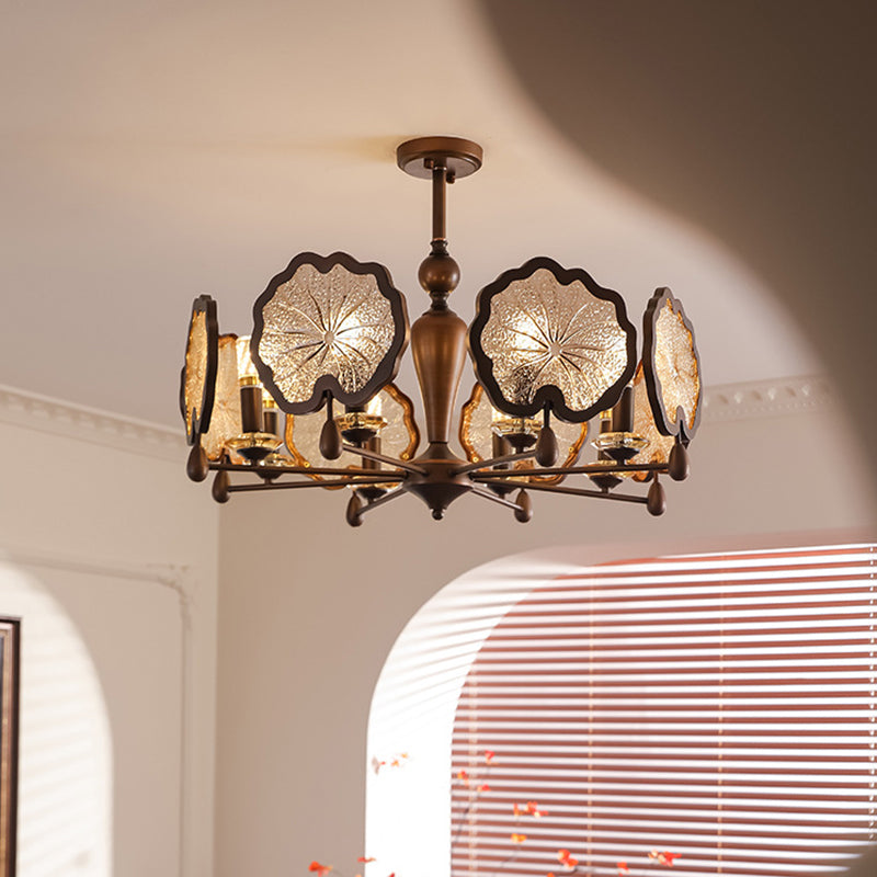 Traditional Rustic Iron Crystal Glass Lotus Leaf-Shaped 6/8-Light Chandelier For Living Room