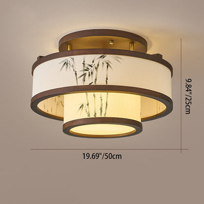 Traditional Chinese Rubberwood Fabric Cylindrical 4/5-Light Semi-Flush Mount Ceiling Light For Living Room & Bedroom