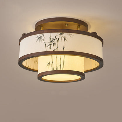Traditional Chinese Rubberwood Fabric Cylindrical 4/5-Light Semi-Flush Mount Ceiling Light For Living Room & Bedroom