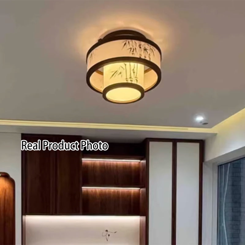 Traditional Chinese Rubberwood Fabric Cylindrical 4/5-Light Semi-Flush Mount Ceiling Light For Living Room & Bedroom