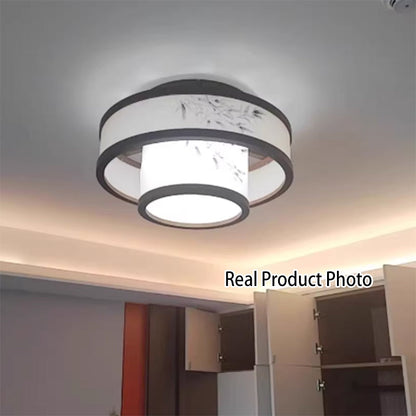 Traditional Chinese Rubberwood Fabric Cylindrical 4/5-Light Semi-Flush Mount Ceiling Light For Living Room & Bedroom