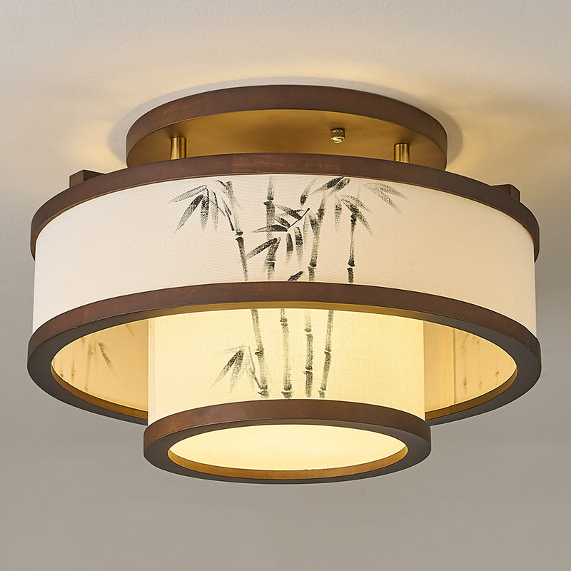 Traditional Chinese Rubberwood Fabric Cylindrical 4/5-Light Semi-Flush Mount Ceiling Light For Living Room & Bedroom