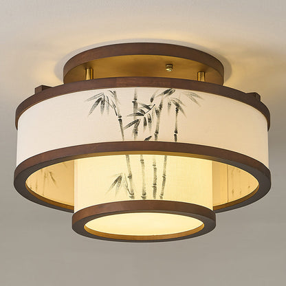 Traditional Chinese Rubberwood Fabric Cylindrical 4/5-Light Semi-Flush Mount Ceiling Light For Living Room & Bedroom
