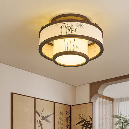 Traditional Chinese Rubberwood Fabric Cylindrical 4/5-Light Semi-Flush Mount Ceiling Light For Living Room & Bedroom