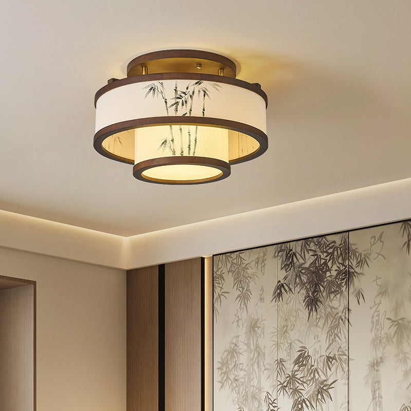 Traditional Chinese Rubberwood Fabric Cylindrical 4/5-Light Semi-Flush Mount Ceiling Light For Living Room & Bedroom