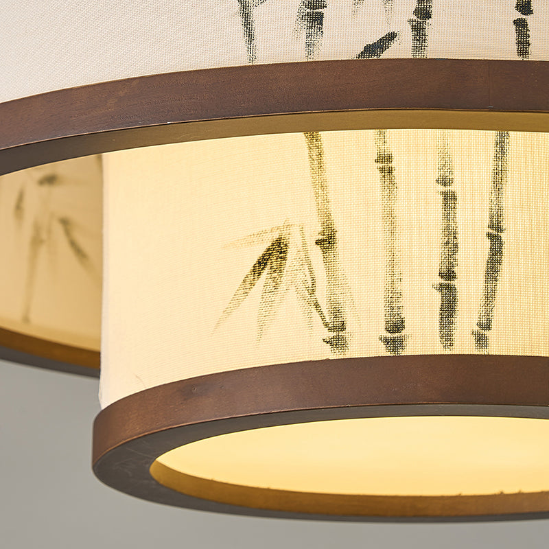 Traditional Chinese Rubberwood Fabric Cylindrical 4/5-Light Semi-Flush Mount Ceiling Light For Living Room & Bedroom