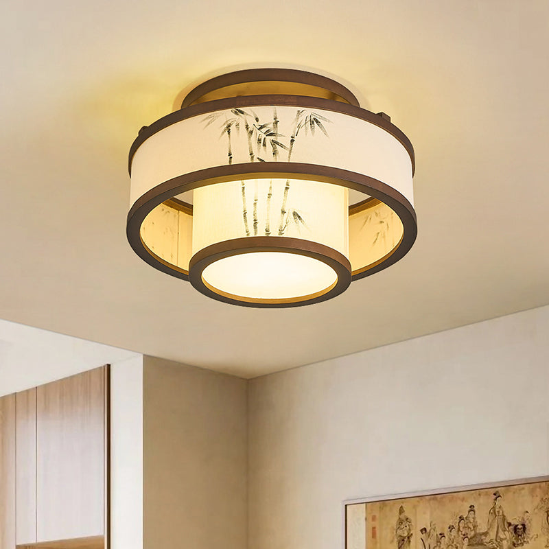 Traditional Chinese Rubberwood Fabric Cylindrical 4/5-Light Semi-Flush Mount Ceiling Light For Living Room & Bedroom