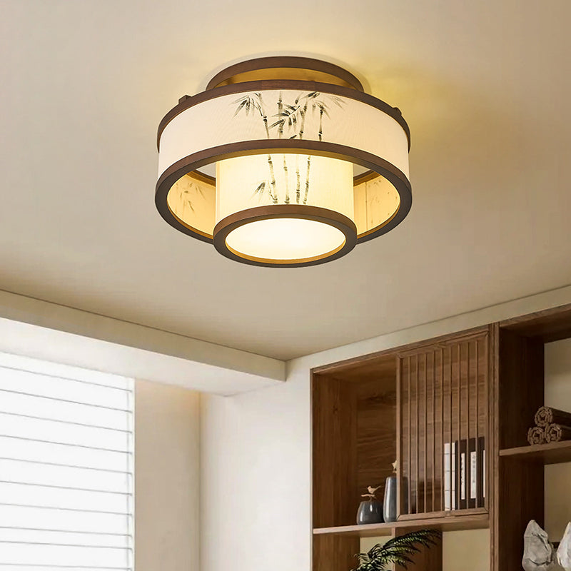 Traditional Chinese Rubberwood Fabric Cylindrical 4/5-Light Semi-Flush Mount Ceiling Light For Living Room & Bedroom