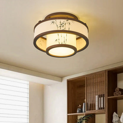 Traditional Chinese Rubberwood Fabric Cylindrical 4/5-Light Semi-Flush Mount Ceiling Light For Living Room & Bedroom