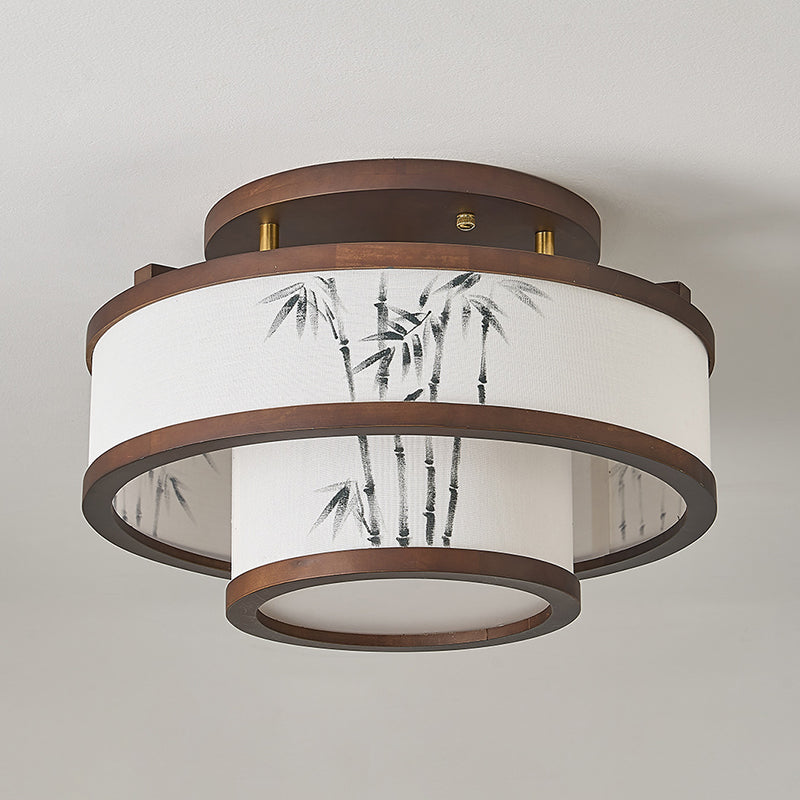 Traditional Chinese Rubberwood Fabric Cylindrical 4/5-Light Semi-Flush Mount Ceiling Light For Living Room & Bedroom