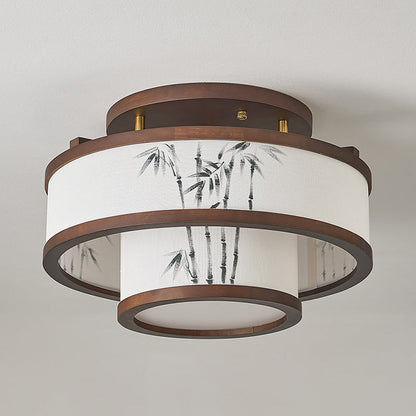 Traditional Chinese Rubberwood Fabric Cylindrical 4/5-Light Semi-Flush Mount Ceiling Light For Living Room & Bedroom