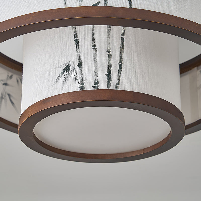 Traditional Chinese Rubberwood Fabric Cylindrical 4/5-Light Semi-Flush Mount Ceiling Light For Living Room & Bedroom