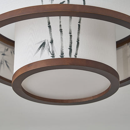 Traditional Chinese Rubberwood Fabric Cylindrical 4/5-Light Semi-Flush Mount Ceiling Light For Living Room & Bedroom