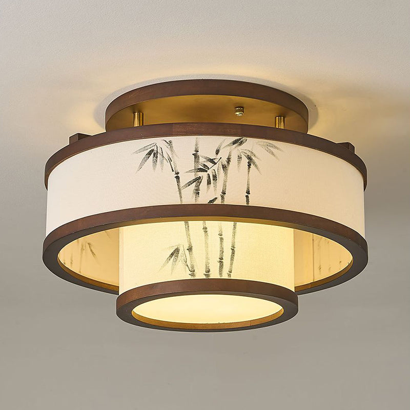 Traditional Chinese Rubberwood Fabric Cylindrical 4/5-Light Semi-Flush Mount Ceiling Light For Living Room & Bedroom
