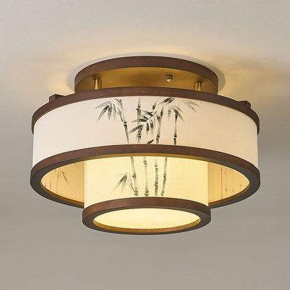 Traditional Chinese Rubberwood Fabric Cylindrical 4/5-Light Semi-Flush Mount Ceiling Light For Living Room & Bedroom