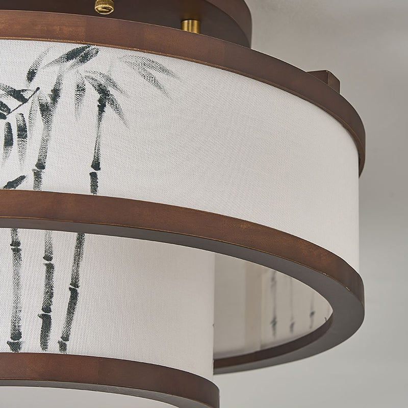 Traditional Chinese Rubberwood Fabric Cylindrical 4/5-Light Semi-Flush Mount Ceiling Light For Living Room & Bedroom
