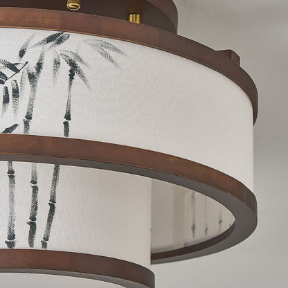 Traditional Chinese Rubberwood Fabric Cylindrical 4/5-Light Semi-Flush Mount Ceiling Light For Living Room & Bedroom