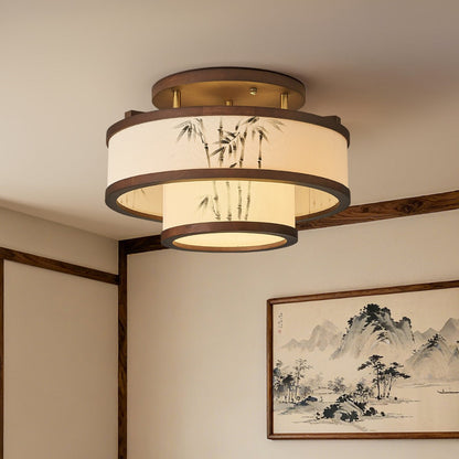 Traditional Chinese Rubberwood Fabric Cylindrical 4/5-Light Semi-Flush Mount Ceiling Light For Living Room & Bedroom