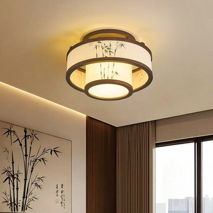 Traditional Chinese Rubberwood Fabric Cylindrical 4/5-Light Semi-Flush Mount Ceiling Light For Living Room & Bedroom