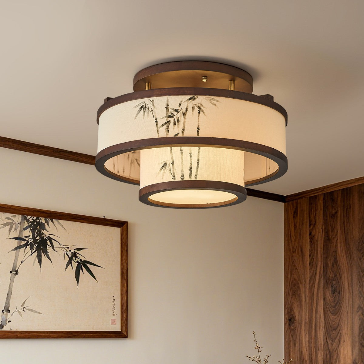 Traditional Chinese Rubberwood Fabric Cylindrical 4/5-Light Semi-Flush Mount Ceiling Light For Living Room & Bedroom