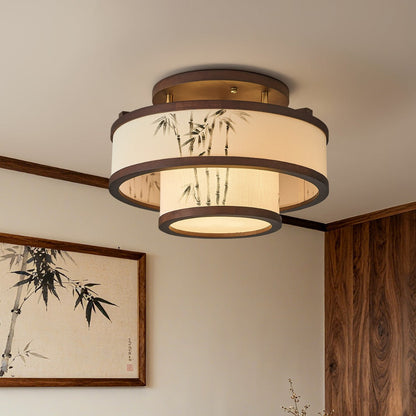 Traditional Chinese Rubberwood Fabric Cylindrical 4/5-Light Semi-Flush Mount Ceiling Light For Living Room & Bedroom