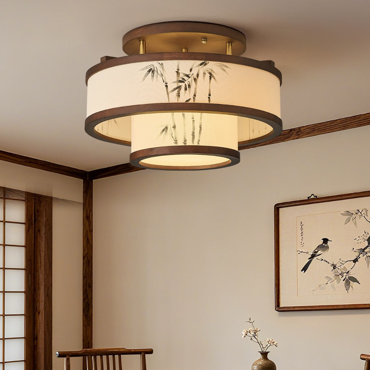 Traditional Chinese Rubberwood Fabric Cylindrical 4/5-Light Semi-Flush Mount Ceiling Light For Living Room & Bedroom
