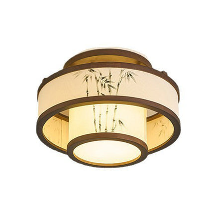 Traditional Chinese Rubberwood Fabric Cylindrical 4/5-Light Semi-Flush Mount Ceiling Light For Living Room & Bedroom