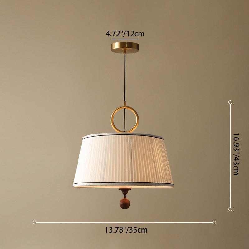 Traditional Vintage Fabric Ash Wood Metal Pleated Round 1-Light Chandelier For Bedroom & Living Room