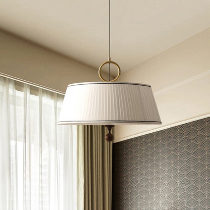 Traditional Vintage Fabric Ash Wood Metal Pleated Round 1-Light Chandelier For Bedroom & Living Room