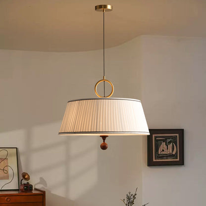 Traditional Vintage Fabric Ash Wood Metal Pleated Round 1-Light Chandelier For Bedroom & Living Room