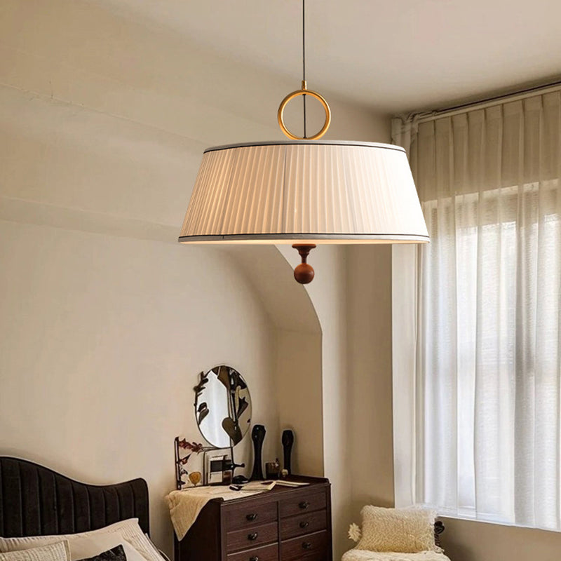 Traditional Vintage Fabric Ash Wood Metal Pleated Round 1-Light Chandelier For Bedroom & Living Room