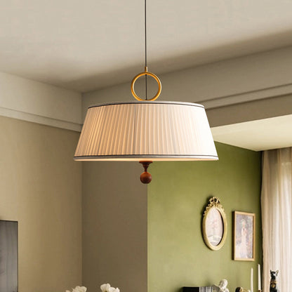 Traditional Vintage Fabric Ash Wood Metal Pleated Round 1-Light Chandelier For Bedroom & Living Room