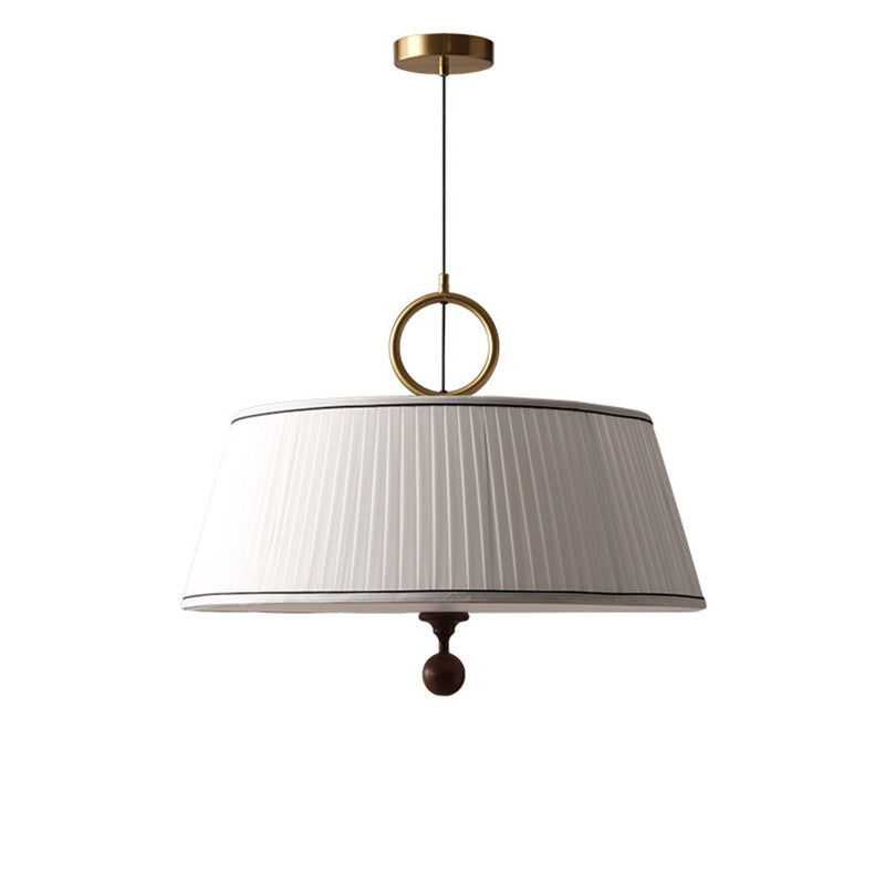 Traditional Vintage Fabric Ash Wood Metal Pleated Round 1-Light Chandelier For Bedroom & Living Room